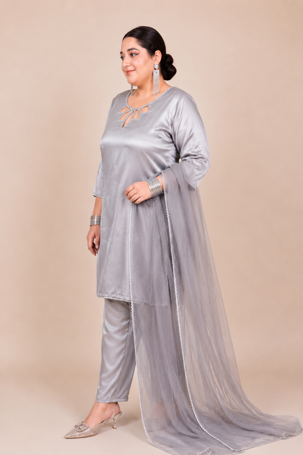 Silver Grey Festive Suit Set with Organza Dupatta