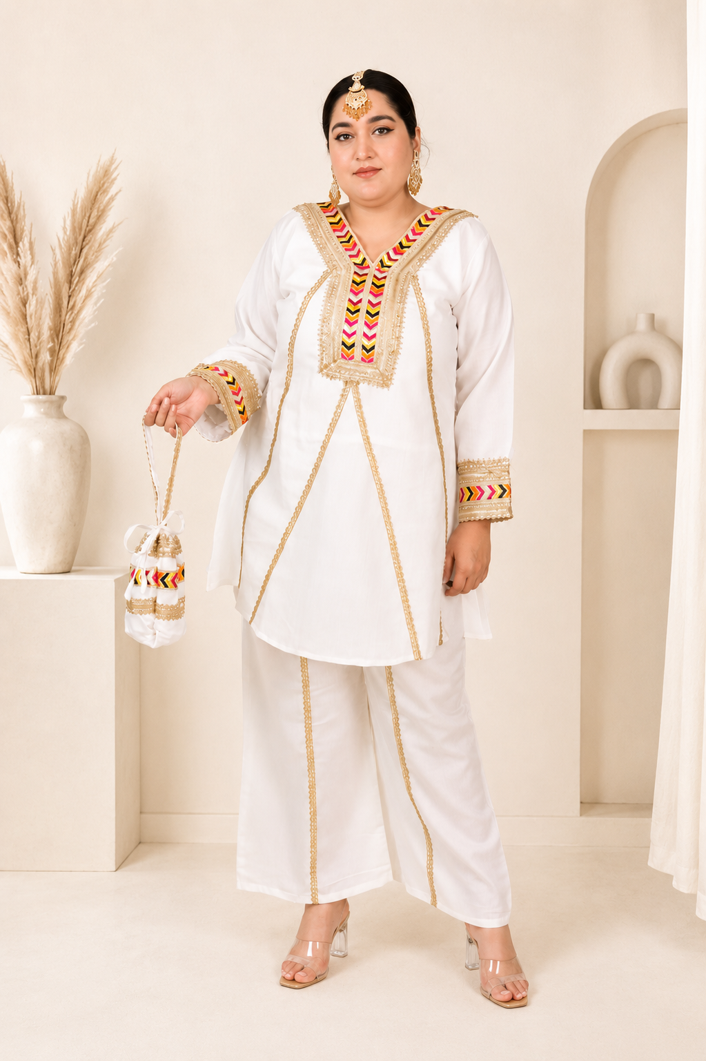 Plus Size Ivory Festive Co-ord Set with Potli Bag