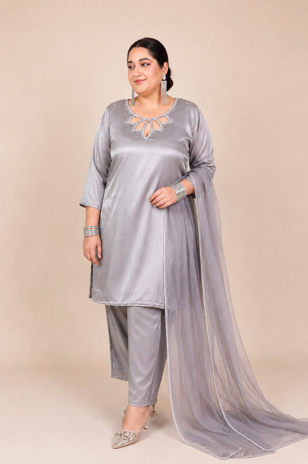 Silver Grey Festive Suit Set with Organza Dupatta