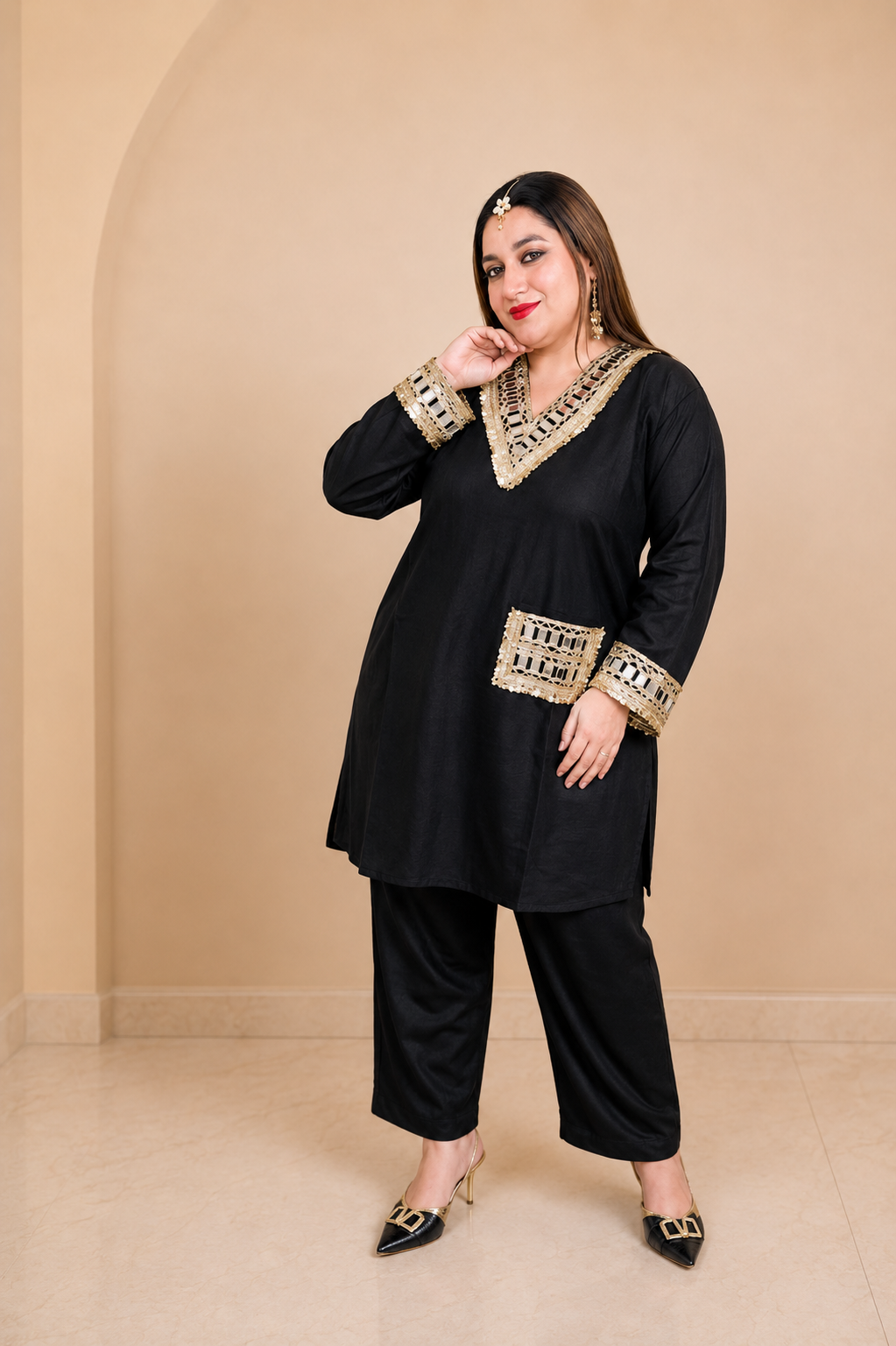 Plus Size Mirror Work Pocket Co-ord Set Black Edition